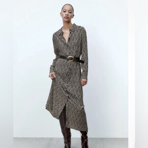 Zara Printed Shirt Dress Black ecru Patterned Maxi Dress